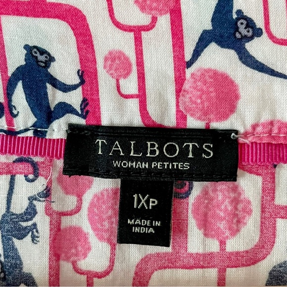 Talbots Pink & Blue Monkey Print Tunic Top 3/4 Sleeve Mandarin Collar Size 1XP - Picture 3 of 16